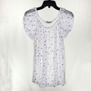 Shortsleeve bubble blouse L white floral light spring guaze bubble hem large